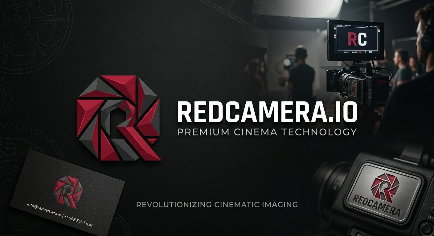 RedCamera.io brand — crimson aperture R mark on set, cards and camera badge